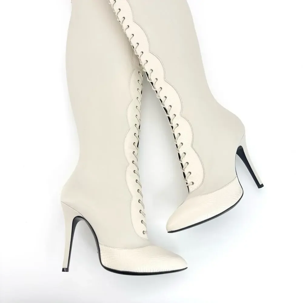 NIB Gucci Harriet Thigh High Python Print Pointed Toe Heeled Boots 40